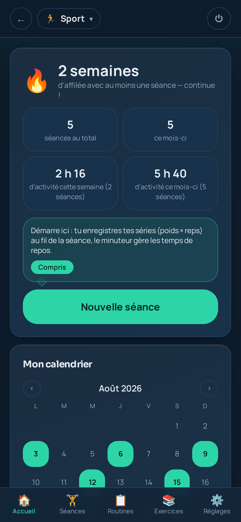 Écran Musculation d'Olia : série de semaines, volume et calendrier des séances