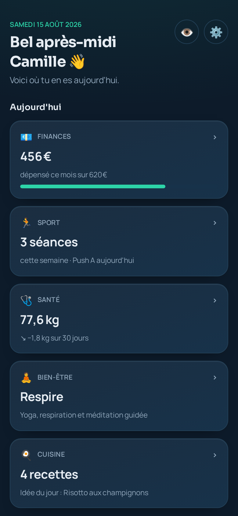 Tableau de bord d'Olia sur mobile : finances, sport, santé et cuisine du jour
